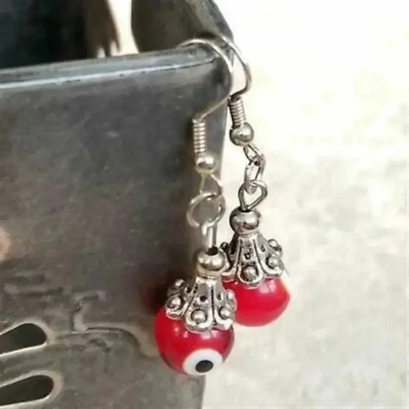 Hand Crafted Evil Eye Red Lampwork Glass Beads Protective Talisman Drop Earrings - Picture 2 of 5